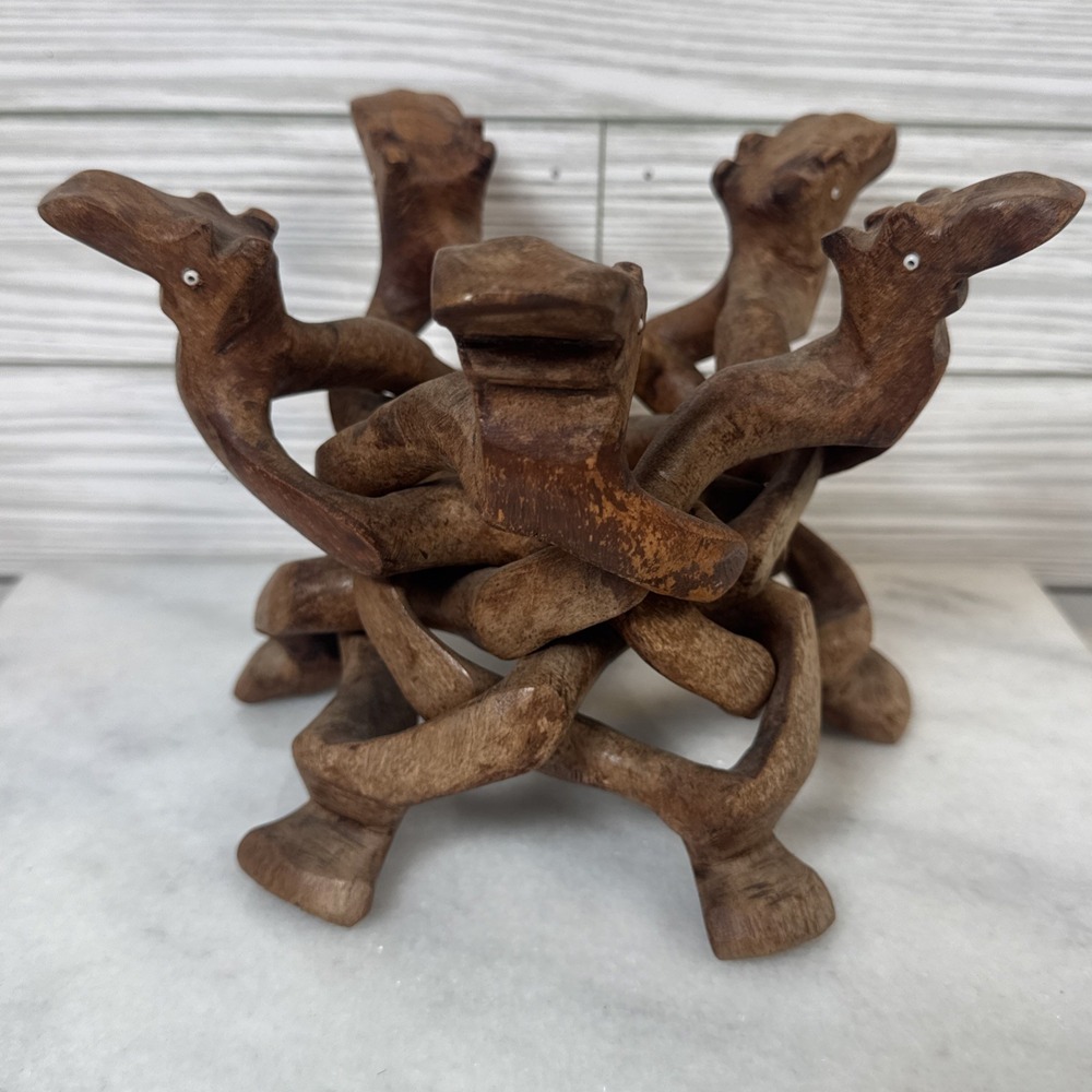 VTG Hand Carved Wooden Camel Folding Plant Stand Style Bowl Holder 5-Leg Nice